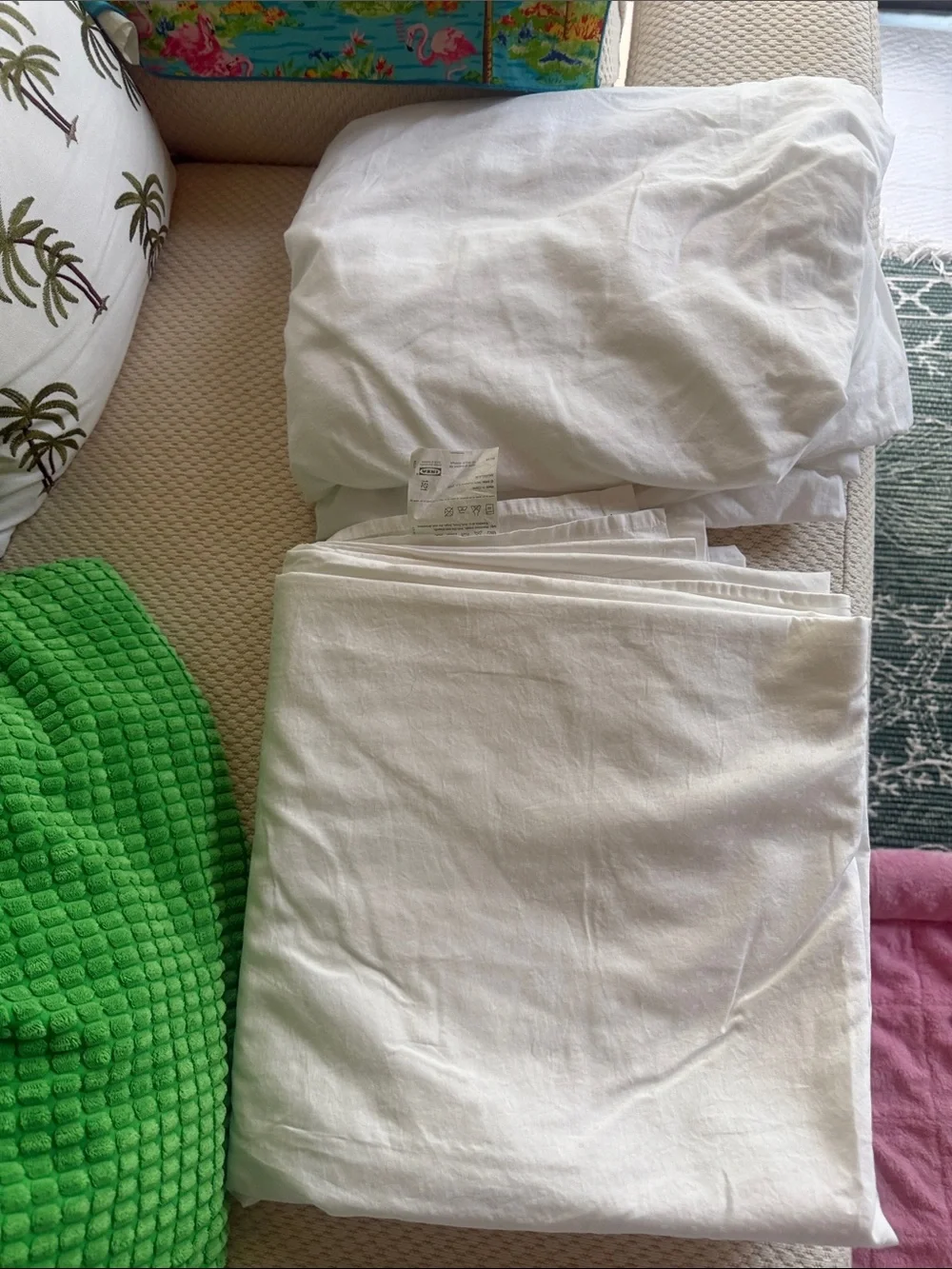 IKEA White Bedding Care Label on Soft White Fabric 2 sheets flat and fitted set